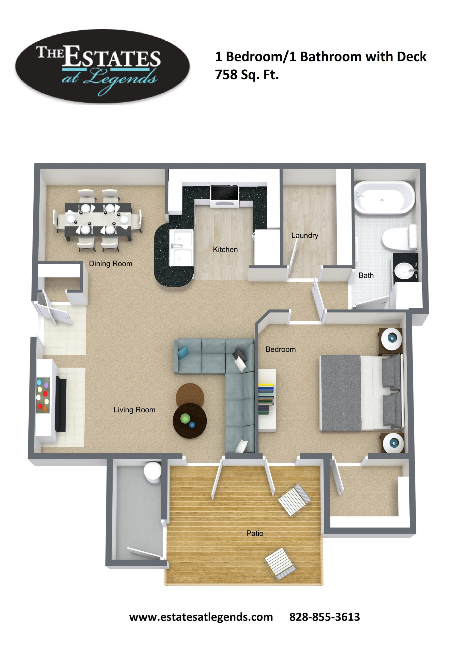 3d - 1 Bedroom 1 Bathroom with Deck