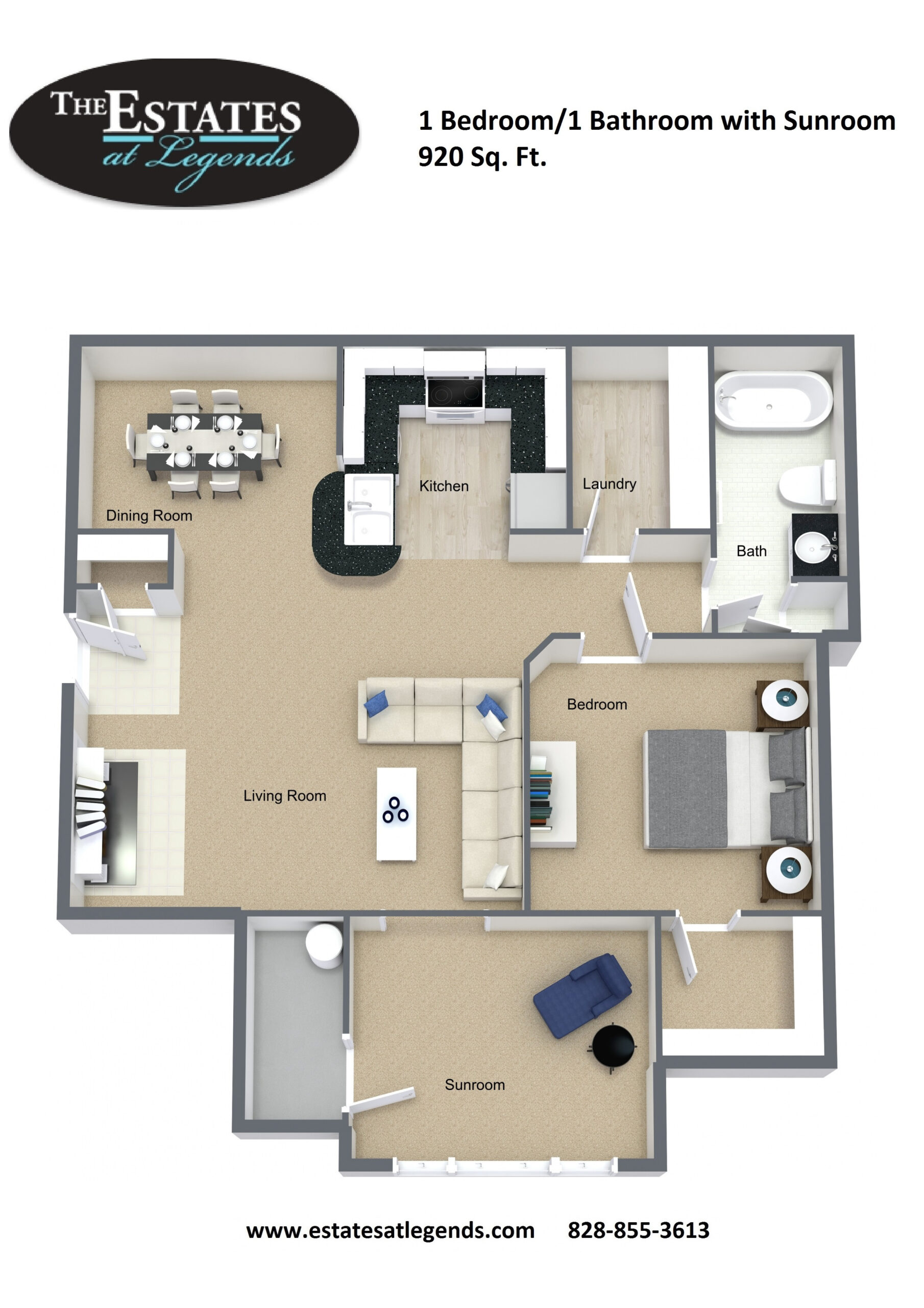 3d - 1 Bedroom 1 Bathroom with Sunroom