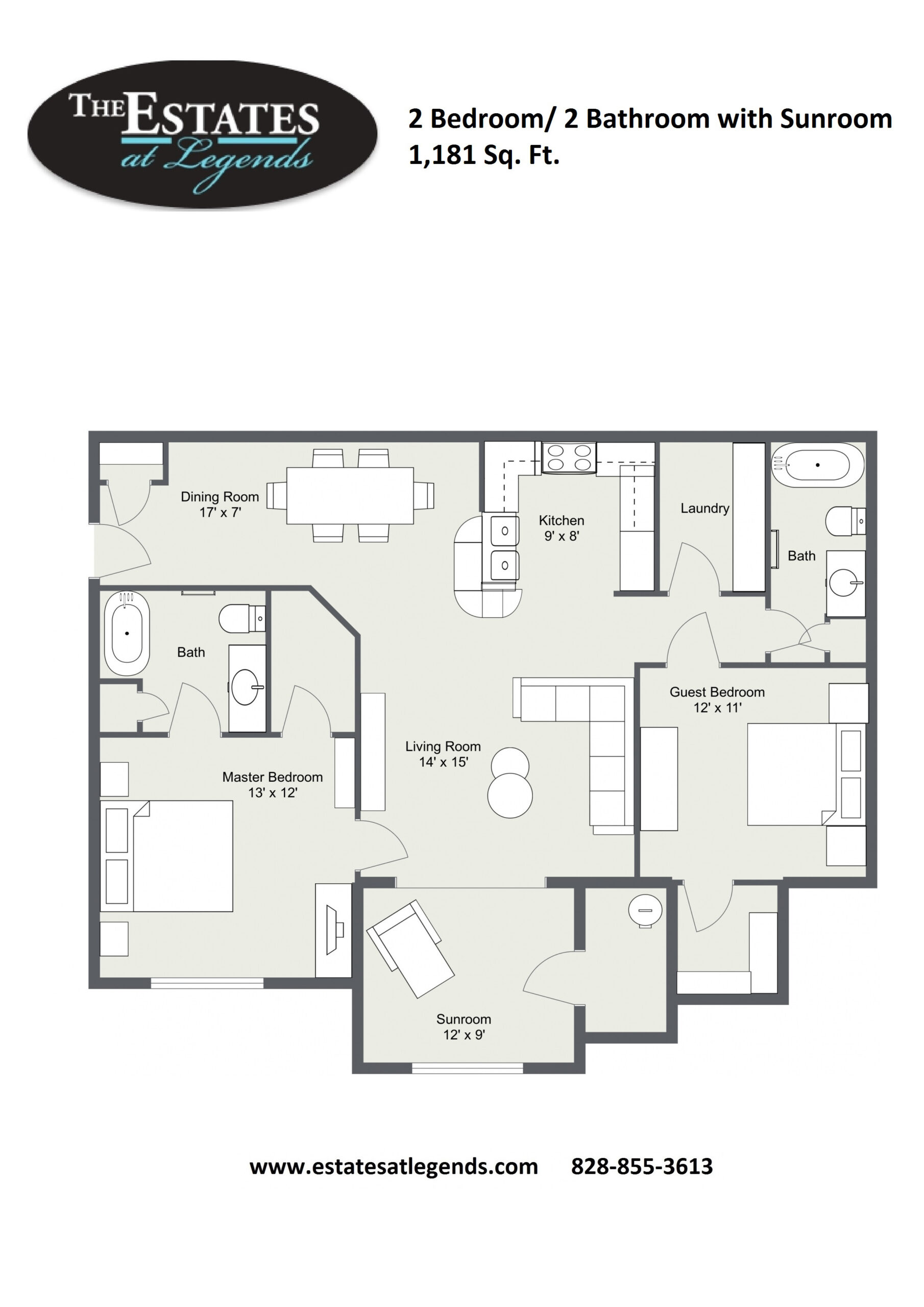 2d - 2 Bedroom 2 Bathroom with Sunroom