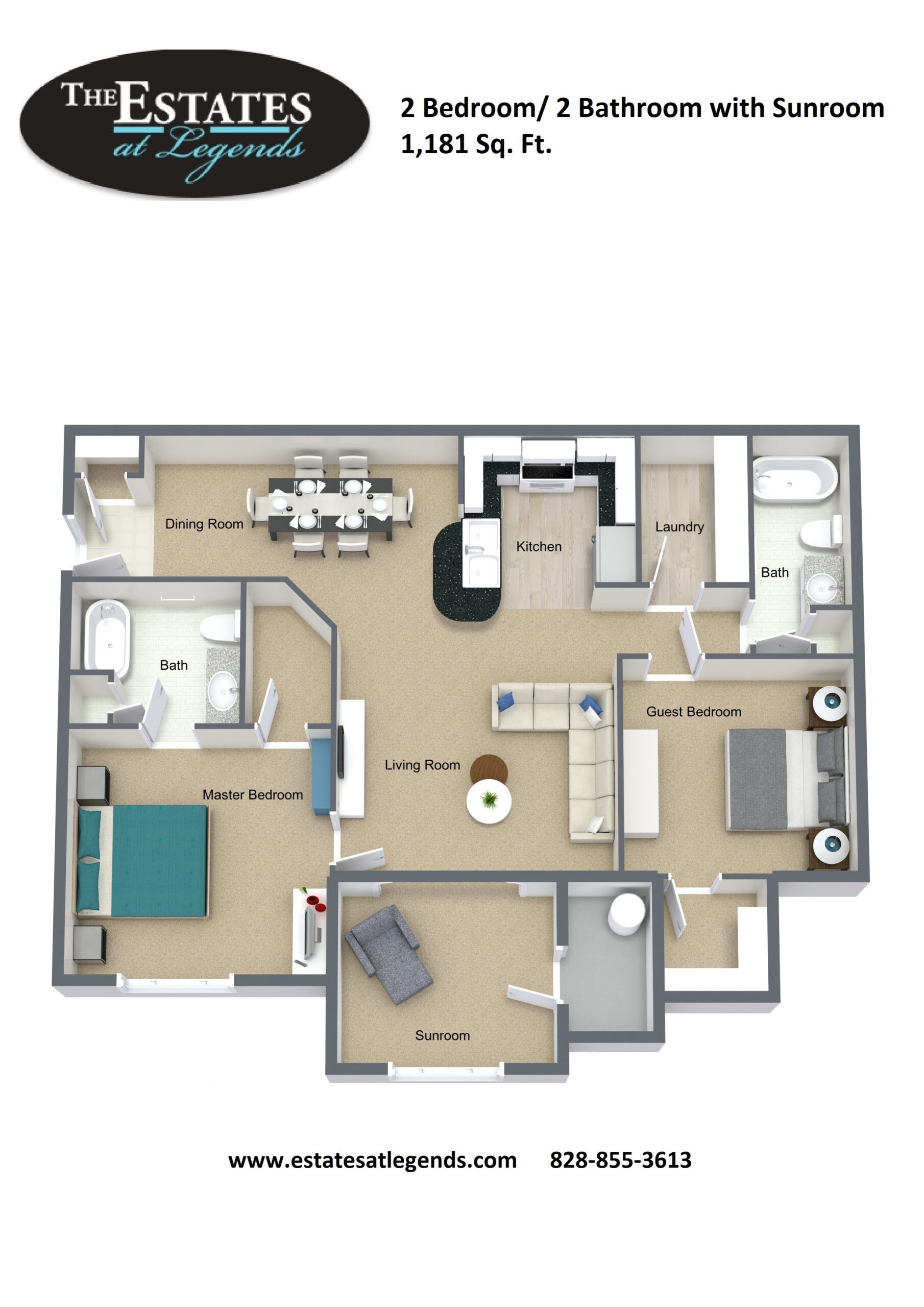 3d - 2 Bedroom 2 Bathroom with Sunroom